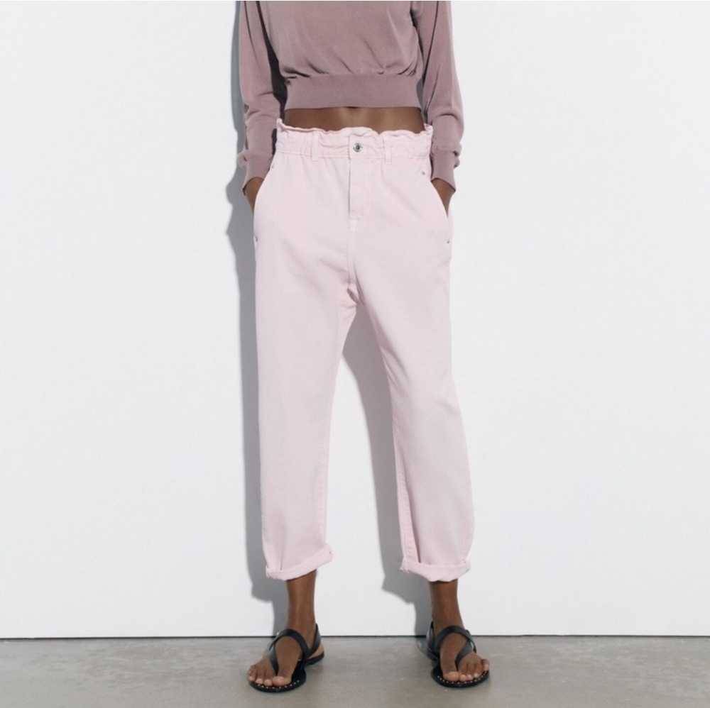 Womens Zara Light Pink High-Waisted Paper Bag Pants